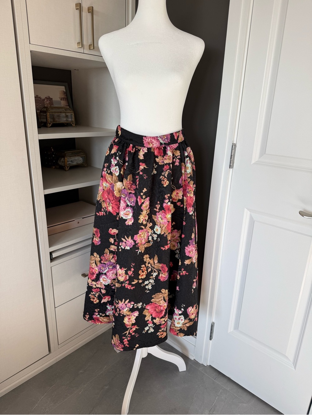 Anthropologie Black Floral Midi Skirt